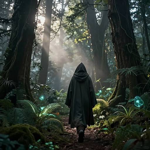 Mysterious Traveler in Enchanted Forest