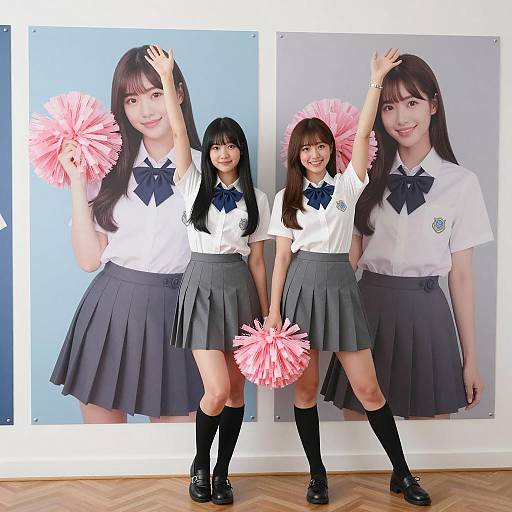 Two Asian Schoolgirls with Pom-Poms in Uniforms