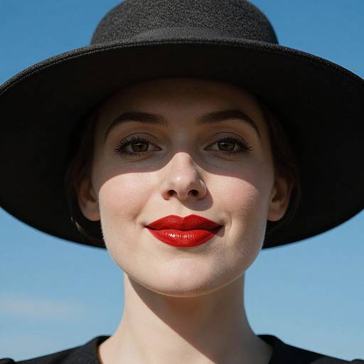 Photograph of a fair-skinned woman with red lipstick, black hat, and clear blue sky background, smiling subtly. Bright sunlight highlights her face.