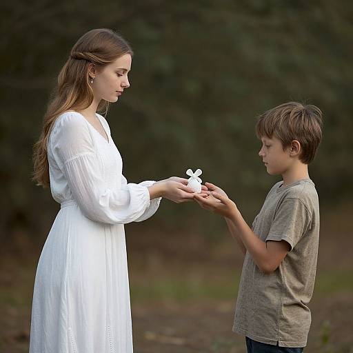 Photograph of a young woman in a white dress and a boy in a gray t-shirt exchanging a small white bow outdoors.