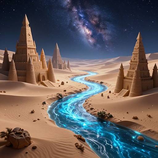 Photorealistic digital artwork of a glowing blue river winding through a desert landscape with towering, pyramid-like structures under a starry, Milky Way-filled sky