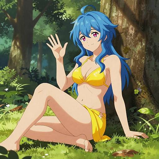 Anime-style digital drawing of a blue-haired girl with red eyes, wearing a yellow bikini, sitting against a tree in a sunlit forest, waving with