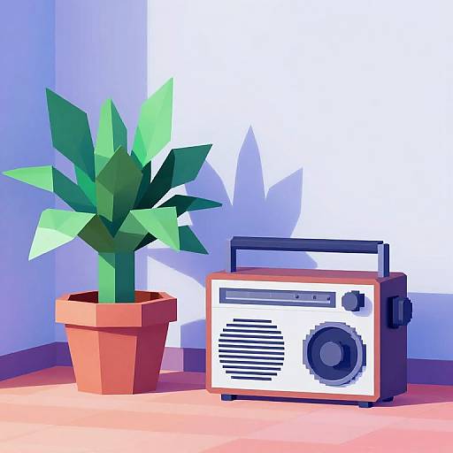 Digital illustration of a geometric, retro-style potted plant and radio with bold colors, sharp edges, and bright sunlight casting shadows.