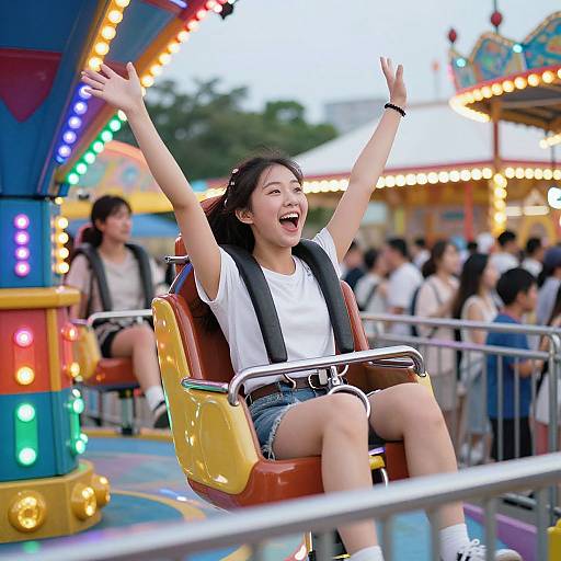 Joyful Woman on Amusement Park Ride