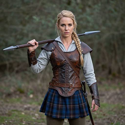 Photograph of a blonde woman with braided hair, wearing a leather vest, plaid skirt, and carrying a spear over her shoulder, standing in