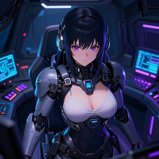 Digital anime-style drawing of a black-haired, purple-eyed woman with large breasts in a futuristic, armored suit, sitting in a neon-lit spaceship cockpit