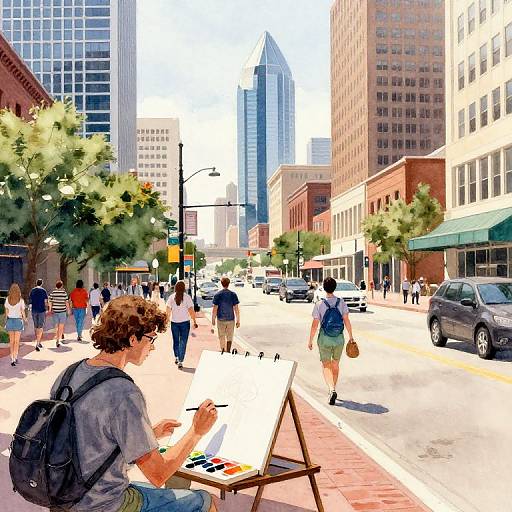 Watercolor Street Scene Downtown Dallas