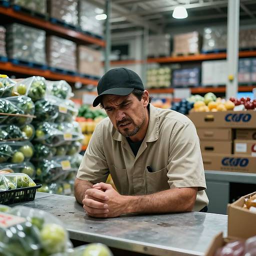 Photograph of a tired, middle-aged man in a beige shirt and black cap leaning on a table in a brightly lit warehouse, surrounded by shelves of