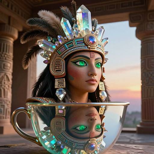 Digital artwork of a woman with green eyes, wearing a glittering, feathered headdress and ornate headpiece, reflected in a crystal tea cup