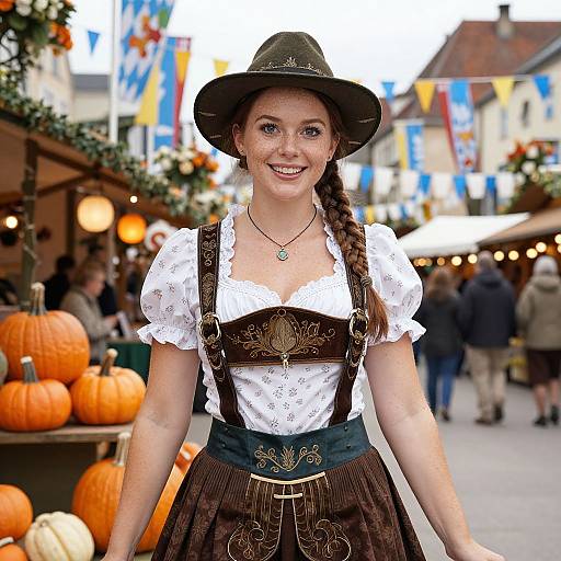 Photograph of a smiling young woman with fair skin, brown hair in a braid, wearing a black hat, white lace blouse, brown dirndl