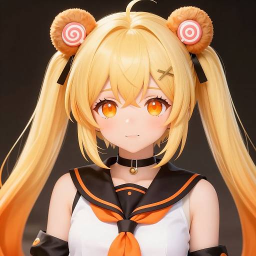 Digital anime-style portrait of a blonde girl with orange eyes, twintails, bear ears, black sailor uniform, choker, and orange necktie