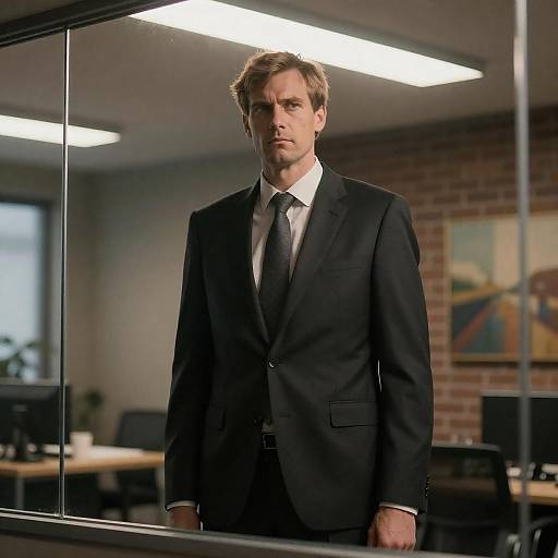 Serious Man Behind Glass Office Barrier