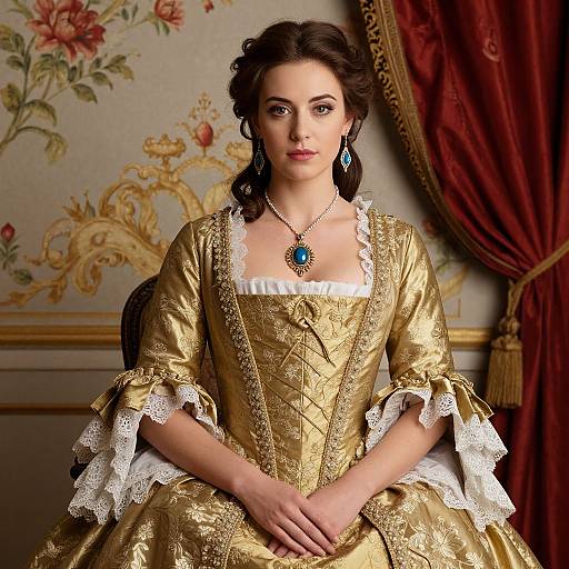 Photograph of a fair-skinned woman with dark brown hair, wearing an ornate gold and white lace 18th-century dress, blue pendant,