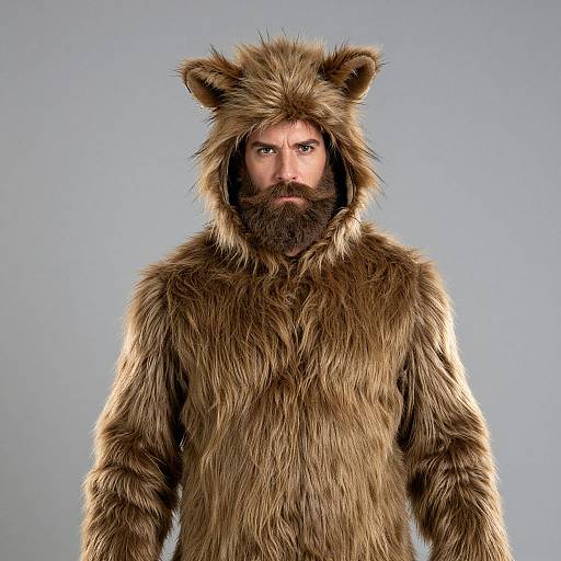 Photograph of a bearded man with intense eyes, wearing a realistic brown bear fur costume with bear ears, against a plain blue background.