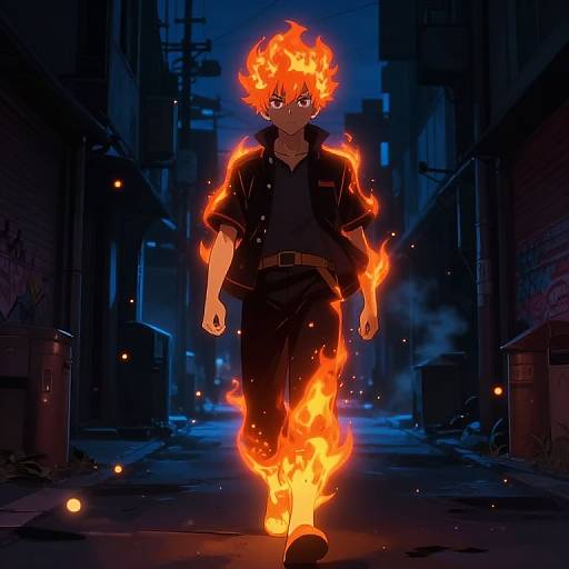 Digital anime artwork of a boy with fiery orange hair and flames enveloping his body, walking down a dark, urban alley at night.