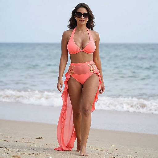 Photograph of a woman with curly dark hair, wearing a bright orange bikini with gold accents, and a matching sheer sarong, walking on a sandy
