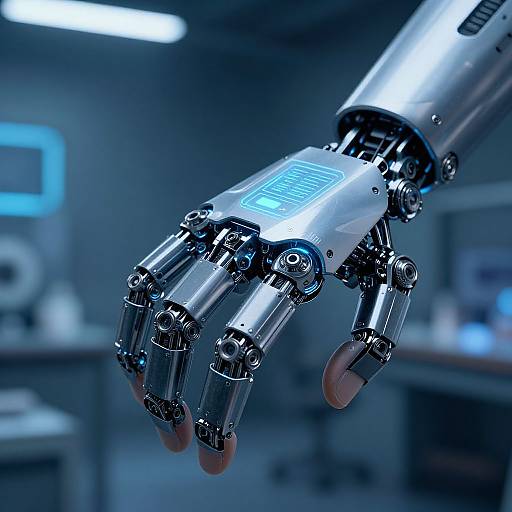 Photograph of a futuristic robotic hand with metallic fingers, blue LED display, and glowing accents, hovering in a dimly lit laboratory.