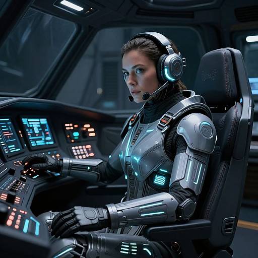 Photograph of a female sci-fi astronaut in a futuristic cockpit, wearing a metallic silver suit with glowing blue accents, black gloves, and headphones, intensely
