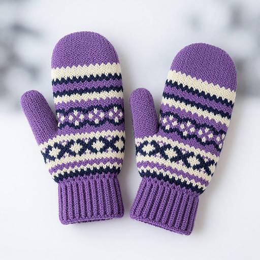Photograph of two purple knitted mittens with white, black, and purple patterned stripes, placed side by side on a white background.