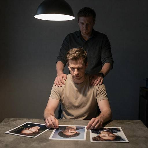 Two Men in Dimly Lit Room Reviewing Photographs