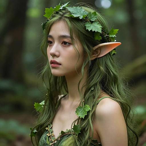 Digital fantasy artwork of an elf woman with long green hair, leaf crown, pointed ears, and forest-green dress, in a blurred forest background.