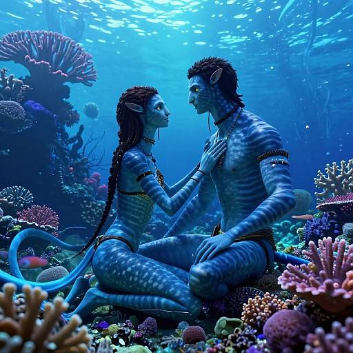 Digital artwork of blue, zebra-striped, underwater merfolk couple, sitting on colorful coral reef, gazing into each other's eyes, illuminated by