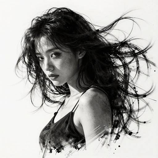 Black-and-white digital drawing of a young woman with long, messy hair, wearing a sleeveless top, looking slightly to the side. Her expression is