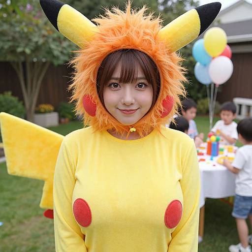 Photograph of a young Asian woman in a Pikachu costume with orange fuzzy ears and yellow shirt, smiling outdoors at a backyard party with balloons and children in