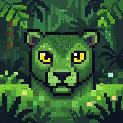 Pixel art of a green, glowing jungle cat with yellow eyes, surrounded by dark, digital foliage. Retro, blocky style.