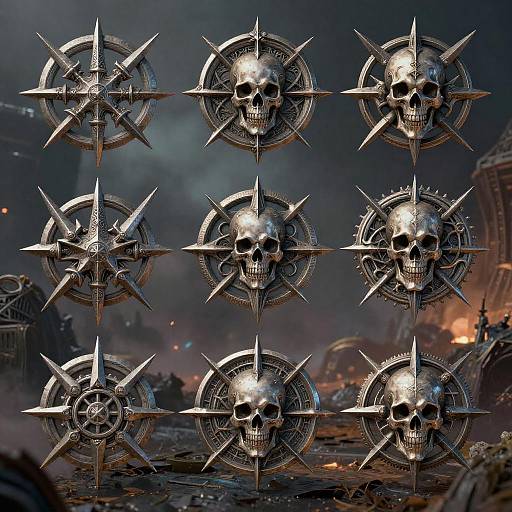 Photorealistic CGI of nine metallic, skull-adorned warhead projectiles arranged in three rows, set against a dark, smoky, post-ap