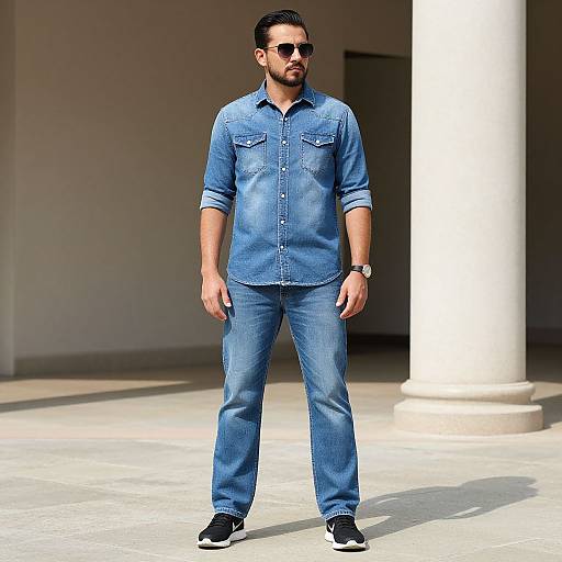 Photograph of a bearded man with dark hair, wearing sunglasses, blue denim shirt, and jeans, standing outdoors under a white pillar.