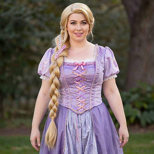 Photograph of a smiling blonde woman with long braided hair, wearing a lavender Rapunzel-style dress with pink ribbons, standing in a green