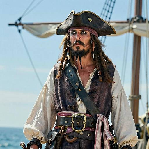 Photograph of a rugged pirate with long brown hair, beard, tricorn hat, white shirt, brown vest, and black sash, standing on