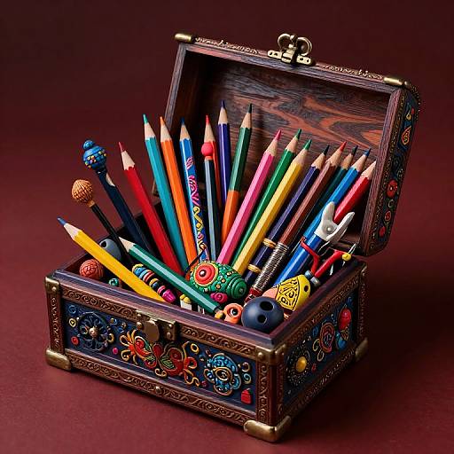 Photograph of an intricately decorated wooden box filled with colorful sharpened pencils, open lid revealing vibrant, patterned pencil tops.