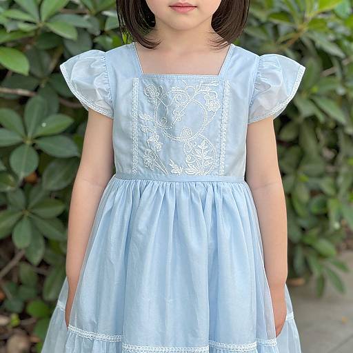 Young girl in light blue, short-sleeve, lace-trimmed dress, standing against green leafy background, photograph, upper body visible.