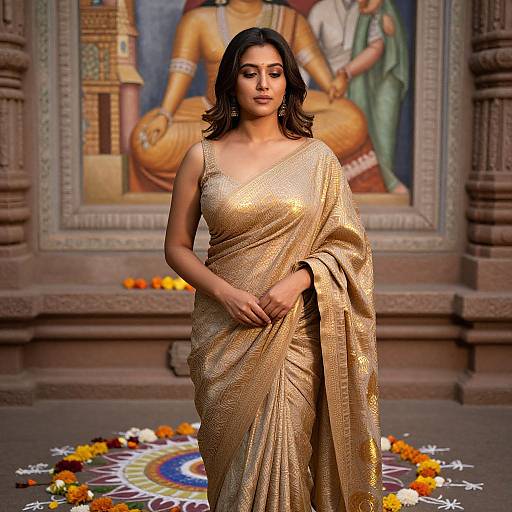 Photograph of an Indian woman with medium brown skin and black hair, wearing a shimmering gold saree, standing in front of a colorful, detailed