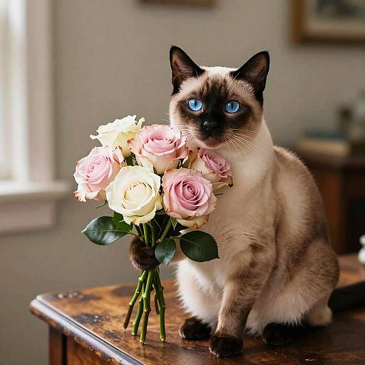 Elegant Siamese Cat with Roses