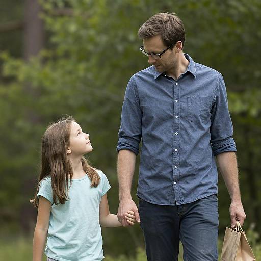 Father and Daughter Walking in Forest