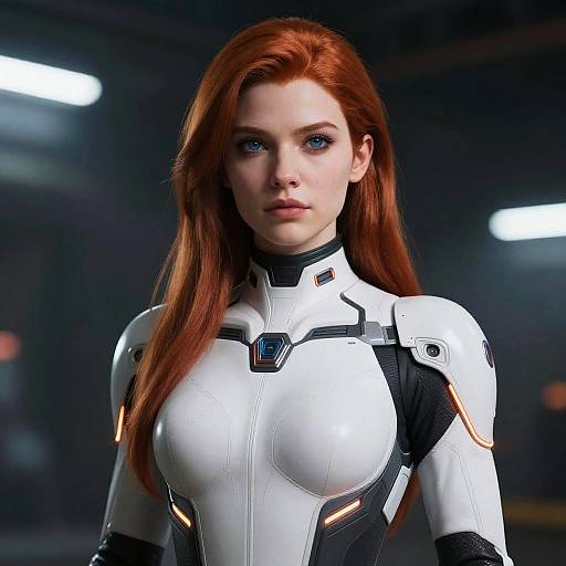Digital artwork of a red-haired woman with blue eyes in a white and black futuristic armored suit, standing in a dark, industrial setting.