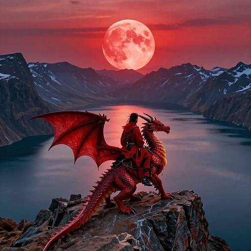 Digital artwork of a red dragon with wings standing on a cliff, overlooking a lake with a glowing red moon at sunset, surrounded by snow-capped mountains