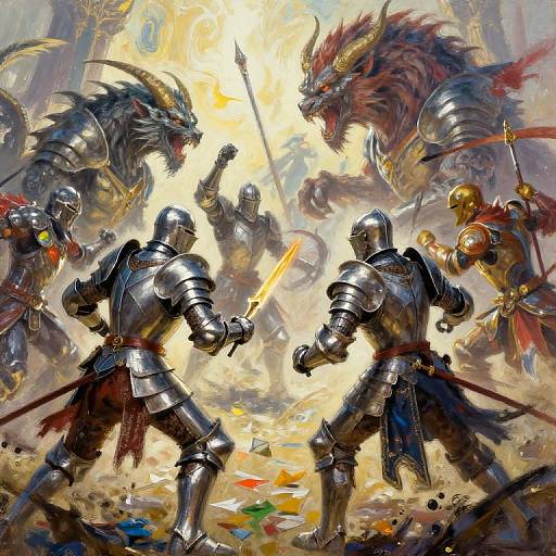 Dynamic fantasy battle painting: Two armored knights with glowing swords face fierce, dragon-like warriors in a chaotic, radiant, and colorful battlefield.