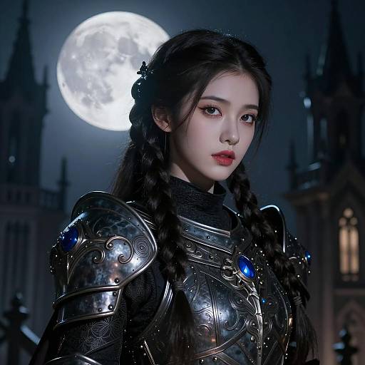 Young Woman in Ornate Black Armor Under Full Moon