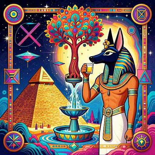 Digital artwork of an Anubis-like figure with dark fur, wearing Egyptian attire, drinking from a tree in a vibrant, cosmic setting with pyramids