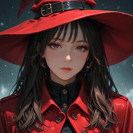 Woman in Red Witch Hat and Coat Portrait