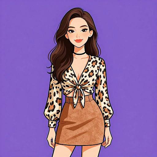 Digital illustration of a smiling woman with long brown hair, wearing a tied, spotted blouse and brown skirt, against a purple background.