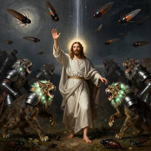 Pre-Raphaelite Jesus Defeats Locust Swarms