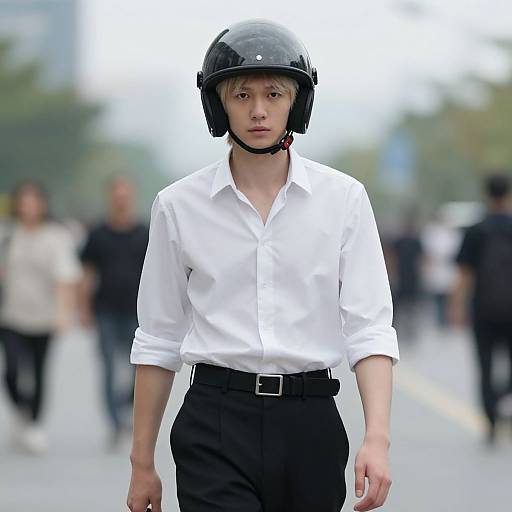 Young Man Wearing Helmet and White Shirt Outdoors