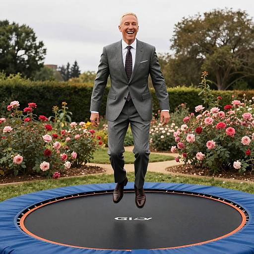 Joyful Journalist on Trampoline in Rose Garden