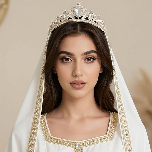 Photorealistic digital portrait of a young woman with long dark hair, wearing a white veil and gold-trimmed tiara, looking directly at the