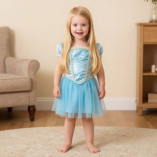 Photograph of a smiling blonde toddler girl in a light blue, sparkly princess dress with a tulle skirt, standing barefoot on a beige carpet